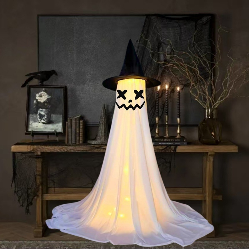 Halloween Spooky Lighted Ghost Decor Set, Indoor Outdoor Decorative Wind-Resistant Party Decoration Set with String Lights, Waterbags & Hats for Porch Yard, Lighted Party,sohochic
