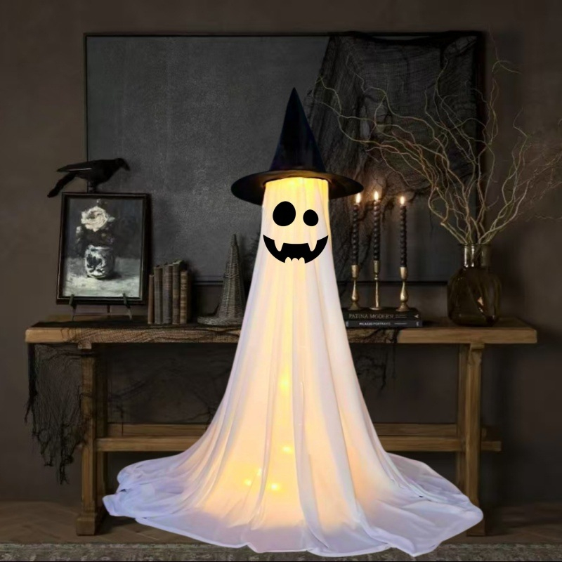 Halloween Spooky Lighted Ghost Decor Set, Indoor Outdoor Decorative Wind-Resistant Party Decoration Set with String Lights, Waterbags & Hats for Porch Yard, Lighted Party,sohochic