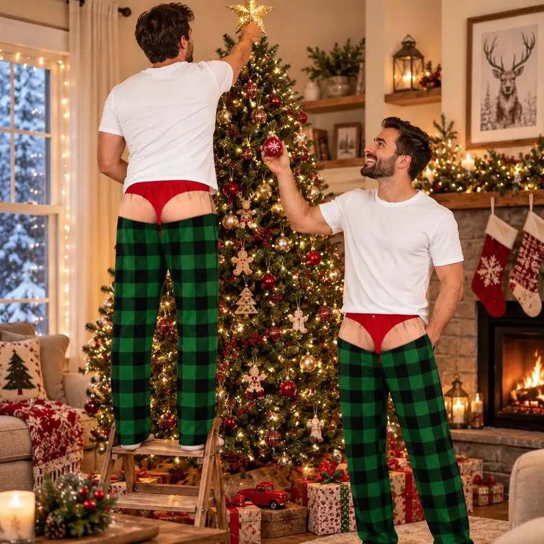 Soft Polyester Buffalo Plaid Style Pajama Pants, Christmas Gag Gift