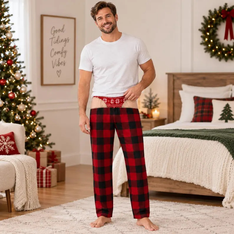Soft Polyester Buffalo Plaid Style Pajama Pants, Christmas Gag Gift