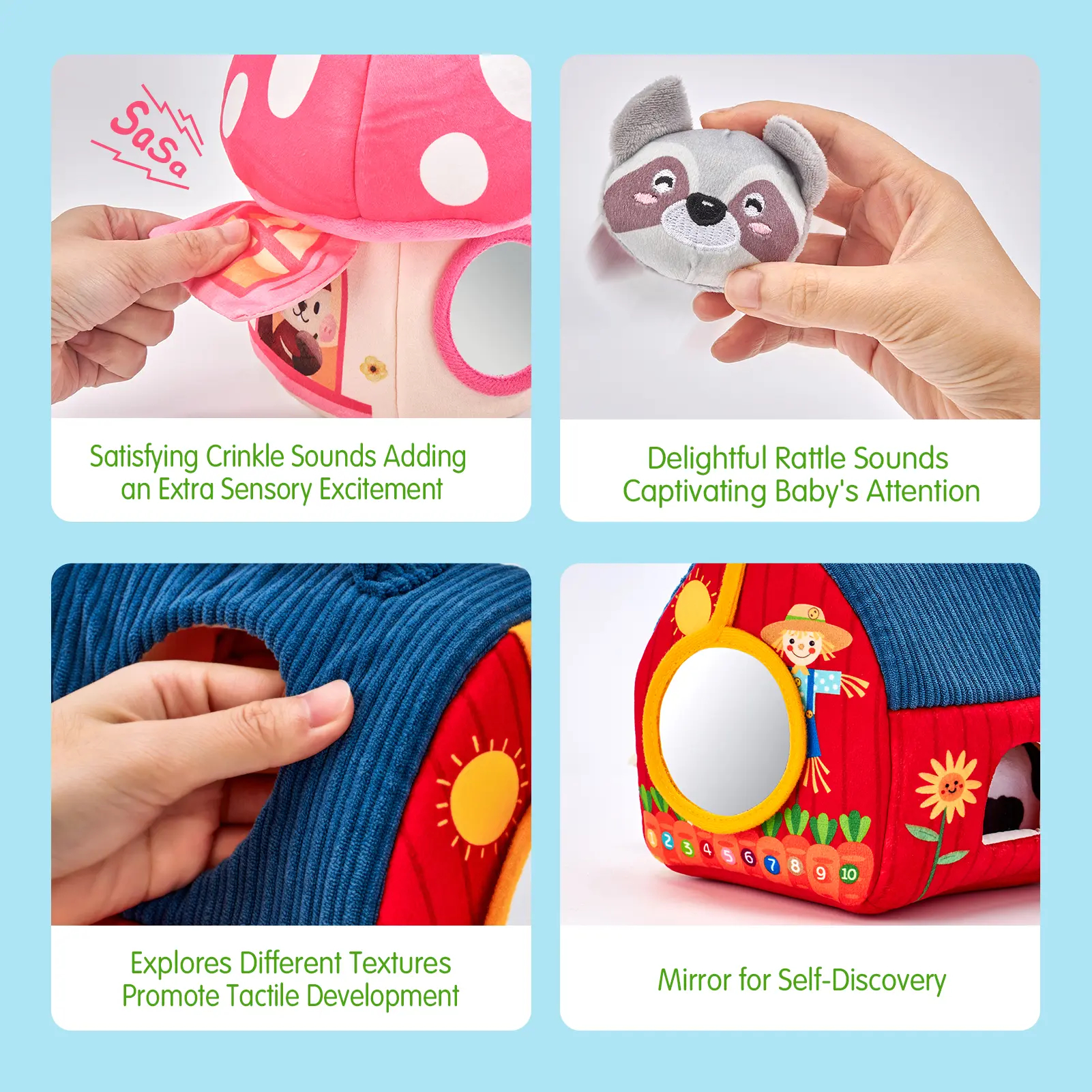 Surprise Barn with Stuffed Farm Animals/Bunny Mushroom:Rattle, Crinkle Paper, Mirror - Montessori Developmental toddler Toys,Farm Plush Toys for Babies Travel Toy,For 0-3 Months/6-12 Months gift Playpen Nursery