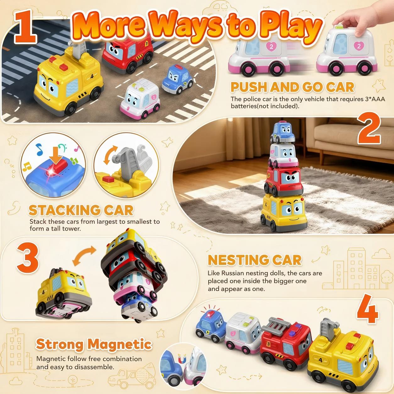 4 in 1 Montessori Toy Cars Set - Stacking Nesting Magnetic Following Toddler Toys 1-2, Sensory Toys with Lights, Music & Cars Toys