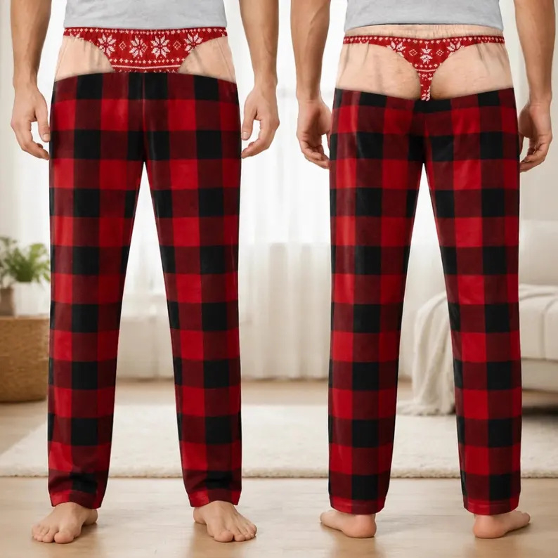 Soft Polyester Buffalo Plaid Style Pajama Pants, Christmas Gag Gift