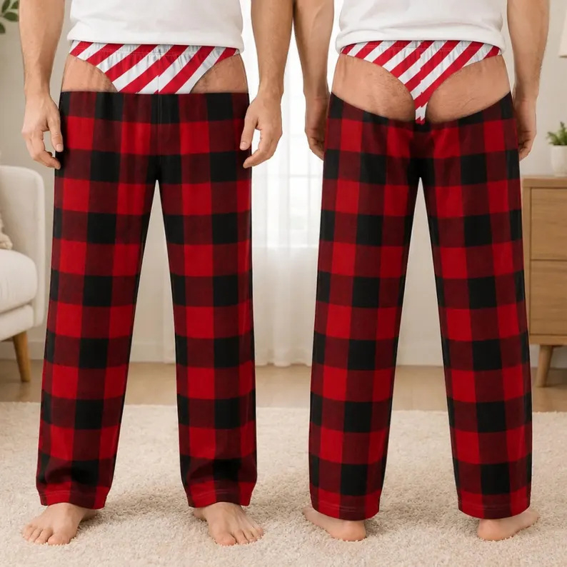 Soft Polyester Buffalo Plaid Style Pajama Pants, Christmas Gag Gift