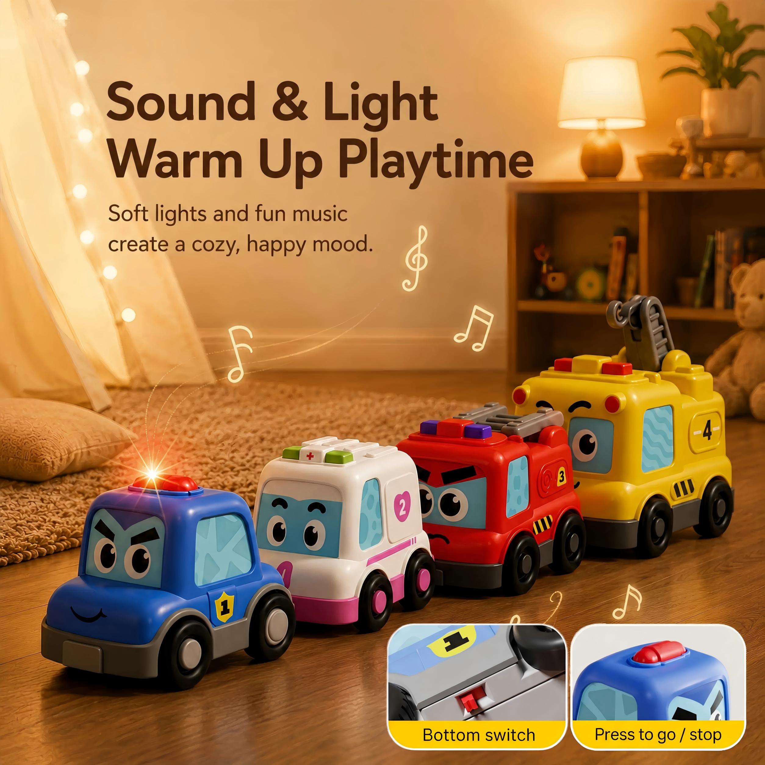 4 in 1 Montessori Toy Cars Set - Stacking Nesting Magnetic Following Toddler Toys 1-2, Sensory Toys with Lights, Music & Cars Toys