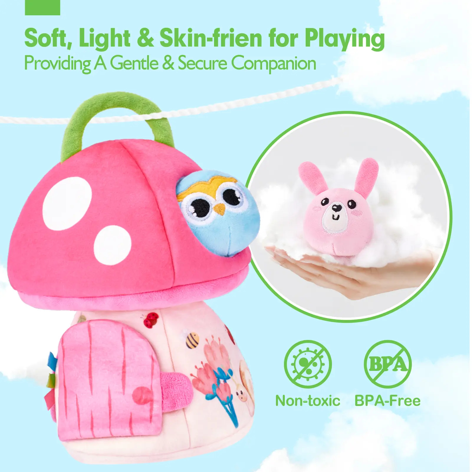 Surprise Barn with Stuffed Farm Animals/Bunny Mushroom:Rattle, Crinkle Paper, Mirror - Montessori Developmental toddler Toys,Farm Plush Toys for Babies Travel Toy,For 0-3 Months/6-12 Months gift Playpen Nursery