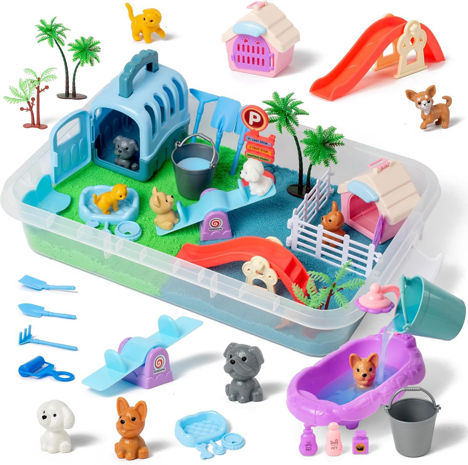 Construction Sensory Bin for Toddlers with Glow in The Dark Stones, Sandbox with Lid Castle Building kit.
