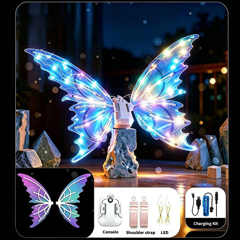Electric Butterfly Wings Set, Moving Fairy Wings with Music and LED Lights, Light up Glowing Angel Wings Costume for Kids Girls for Halloween Cosplay Party, Birthday Gifts