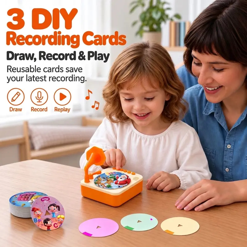 Mini Phonograph for Kids,with 24 Durable PVC Cards, 56 Stories, 14 Classical Music Pieces and 36 Nursery Rhymes,Toddler Record Player,Early Education Machine, Music Box ,Storyteller pop Speakers,Gift for Boys and Girls familyfun