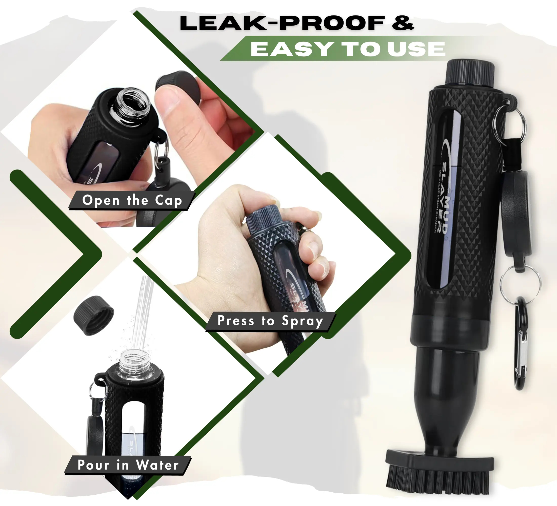 Golf Club Cleaning Brush that Sprays a Fine Mist, Leak-Proof Viewing Window, Retractable Clip, Dual Bristle Head, Ergonomic Handle Golf Bag Golf Accessory golf accessories