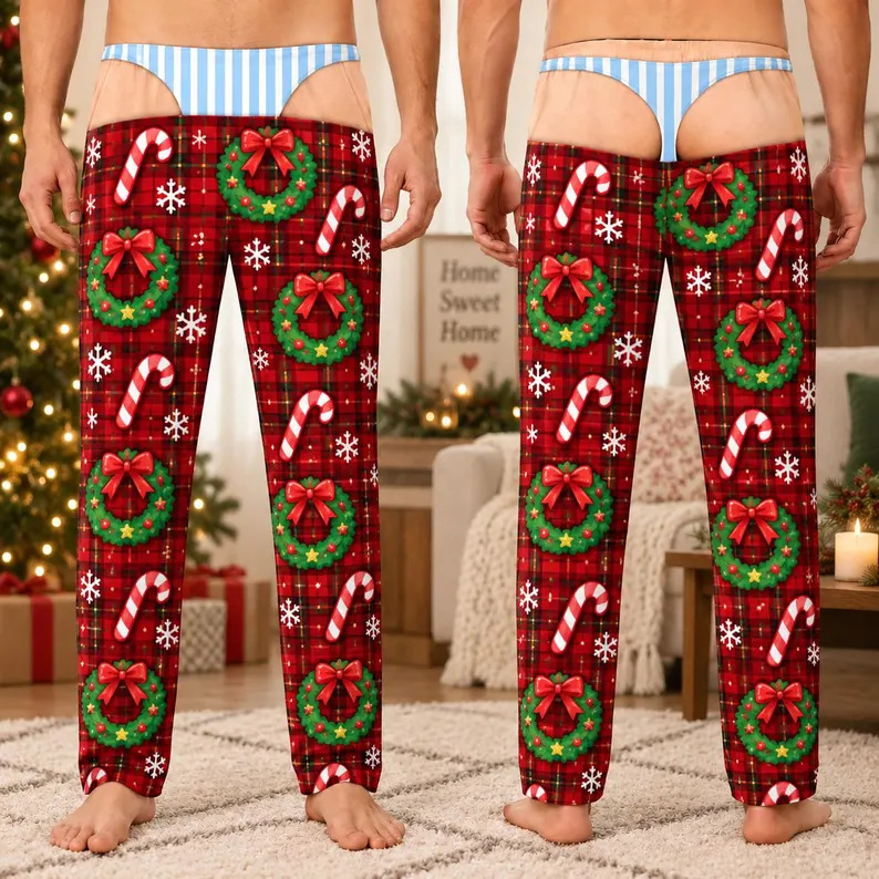 Soft Polyester Buffalo Plaid Style Pajama Pants, Christmas Gag Gift