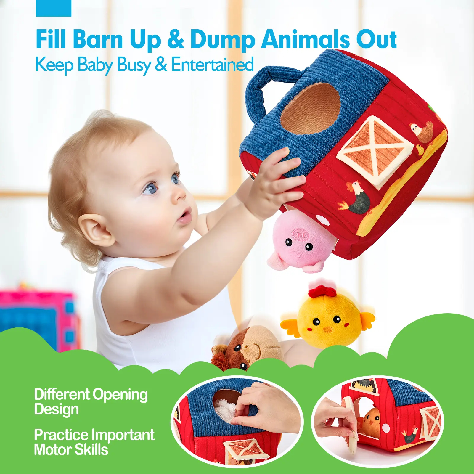 Surprise Barn with Stuffed Farm Animals/Bunny Mushroom:Rattle, Crinkle Paper, Mirror - Montessori Developmental toddler Toys,Farm Plush Toys for Babies Travel Toy,For 0-3 Months/6-12 Months gift Playpen Nursery