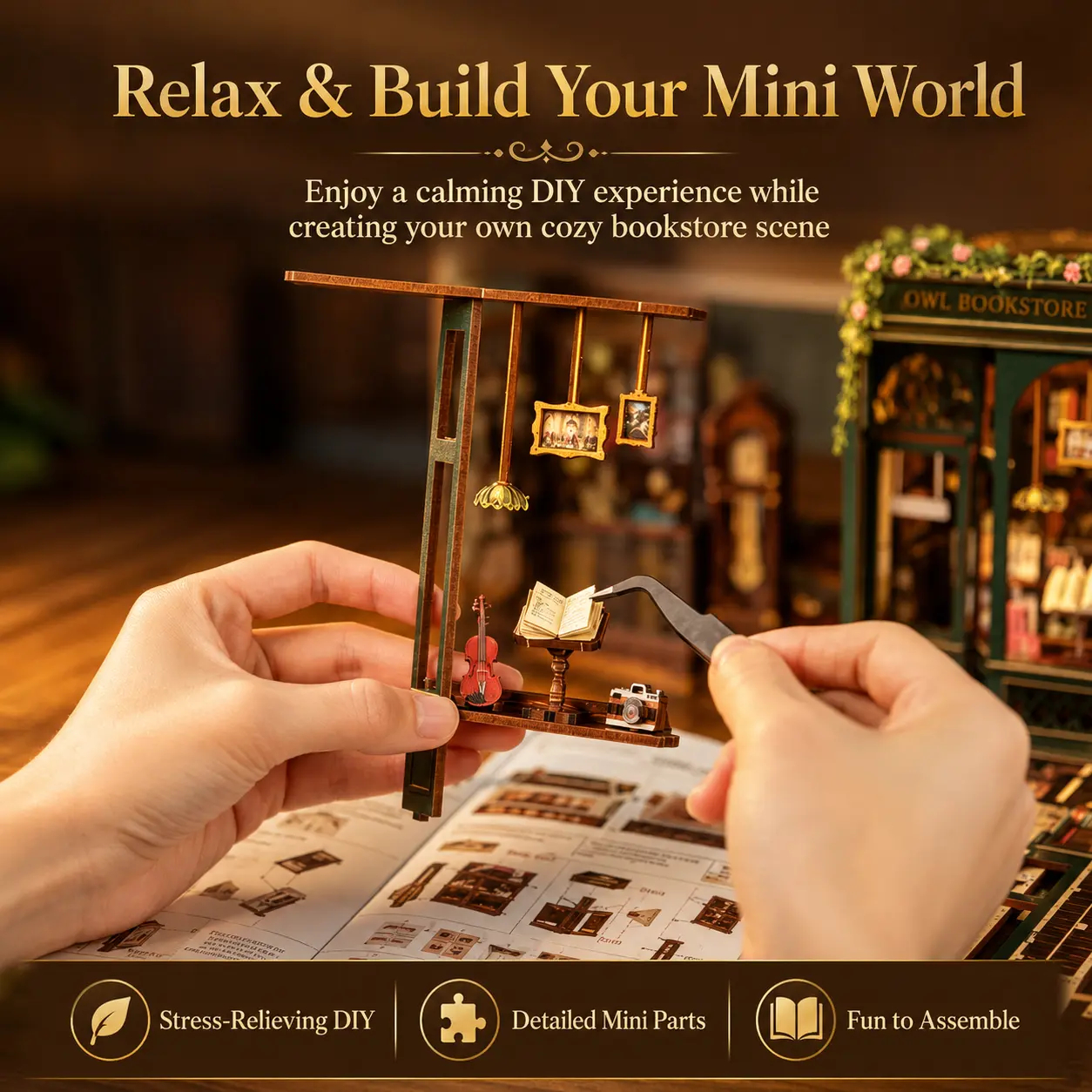 DIY Wooden Decorative Miniature Bookshelf with LED Lights - Whimsical, Aesthetic