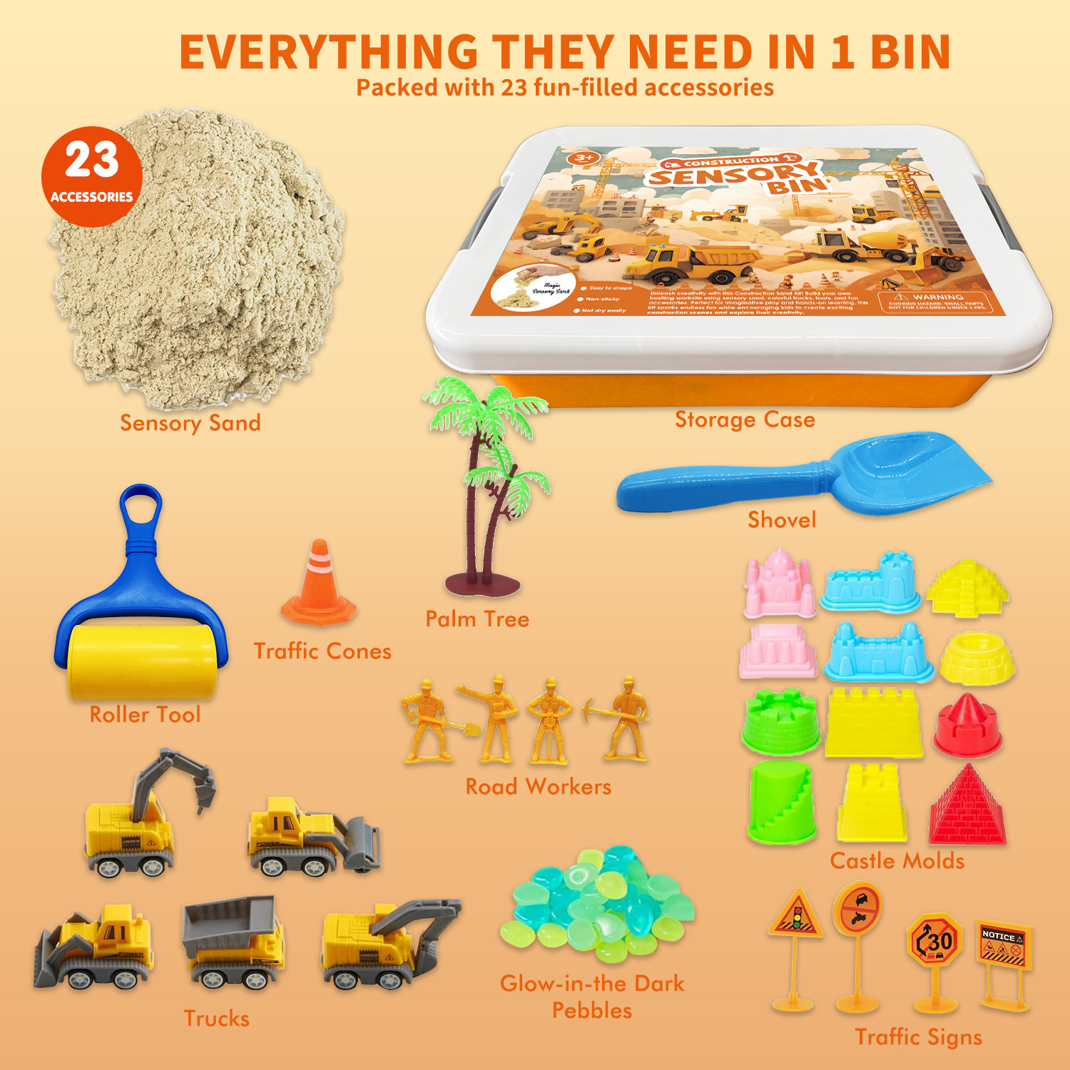 Construction Sensory Bin for Toddlers with Glow in The Dark Stones, Sandbox with Lid Castle Building kit.