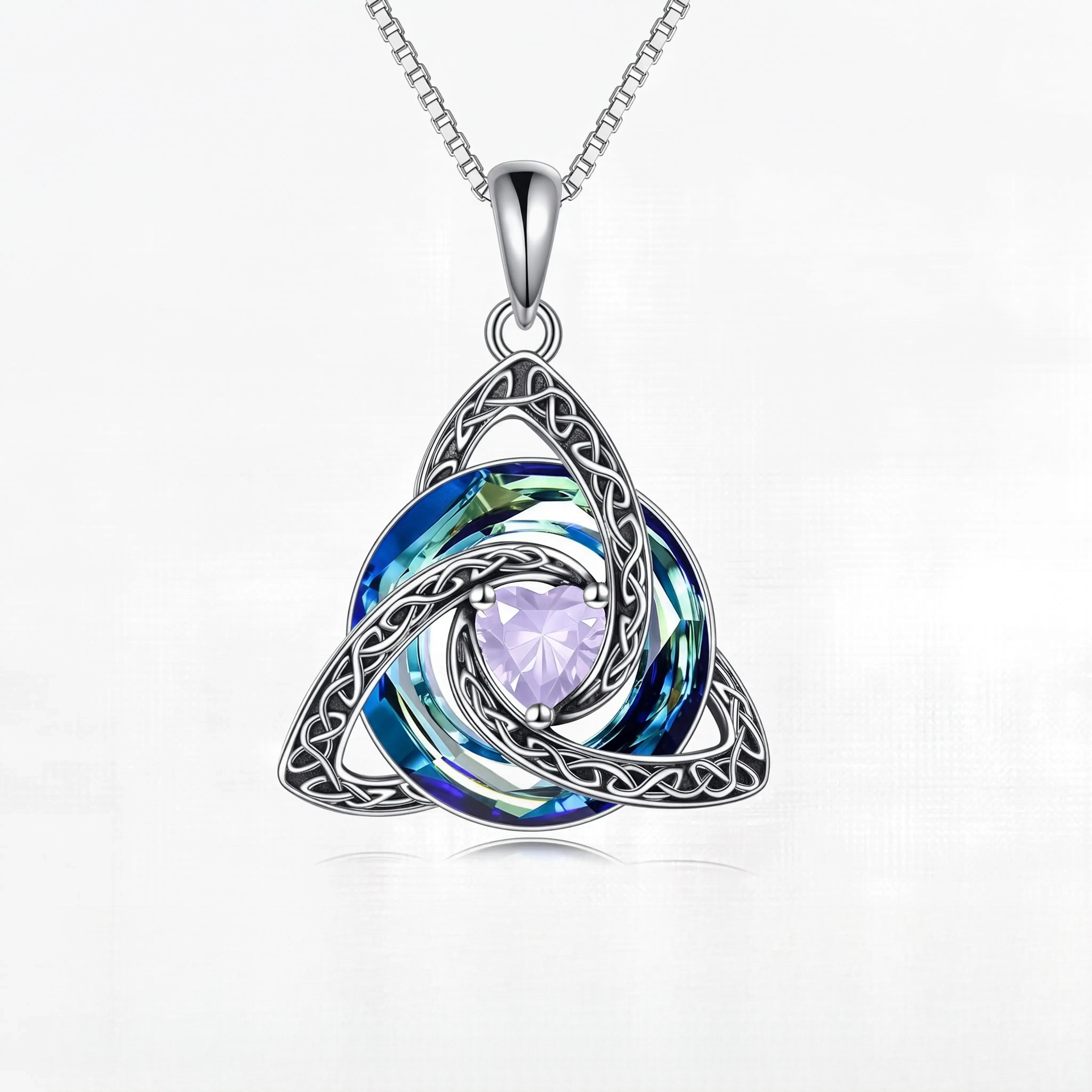 Women's Birthstone Celtic Knot Necklace - Silver-Plated Copper Triquetra Crystal Pendant, Adjustable Chain, Irish-Scottish Faith Love Unity Jewelry Gift for Mom (Birthday)