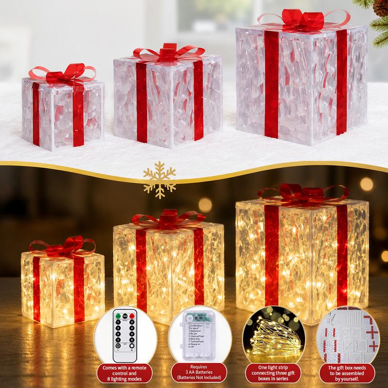 3pc Christmas Ornaments Gift Box LED Lanterns with Remote & Warm Light