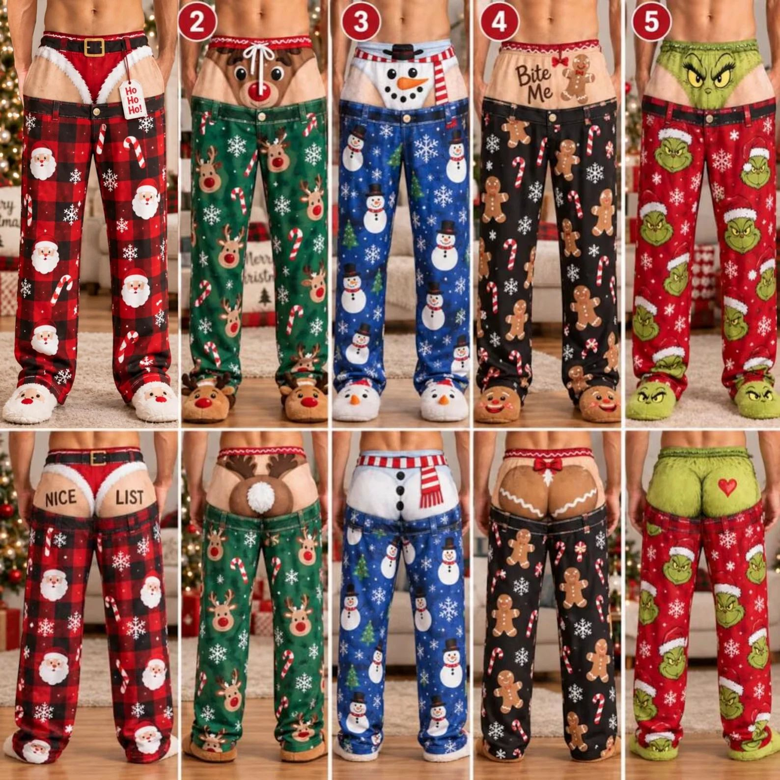 Ribbed Knit Holiday Print Style Pajama Pants, Christmas Party Gift