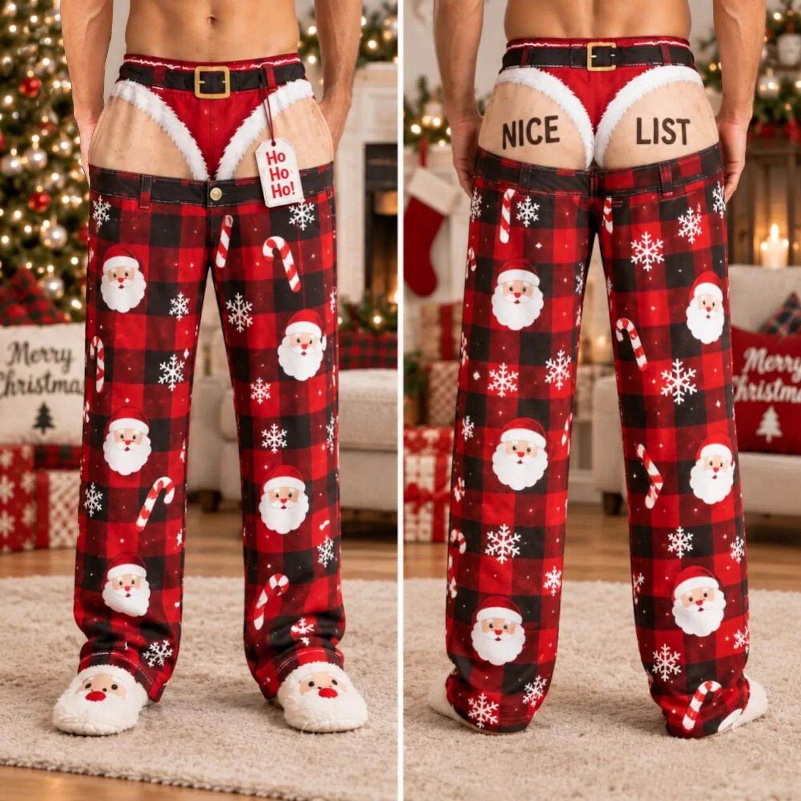 Ribbed Knit Holiday Print Style Pajama Pants, Christmas Party Gift