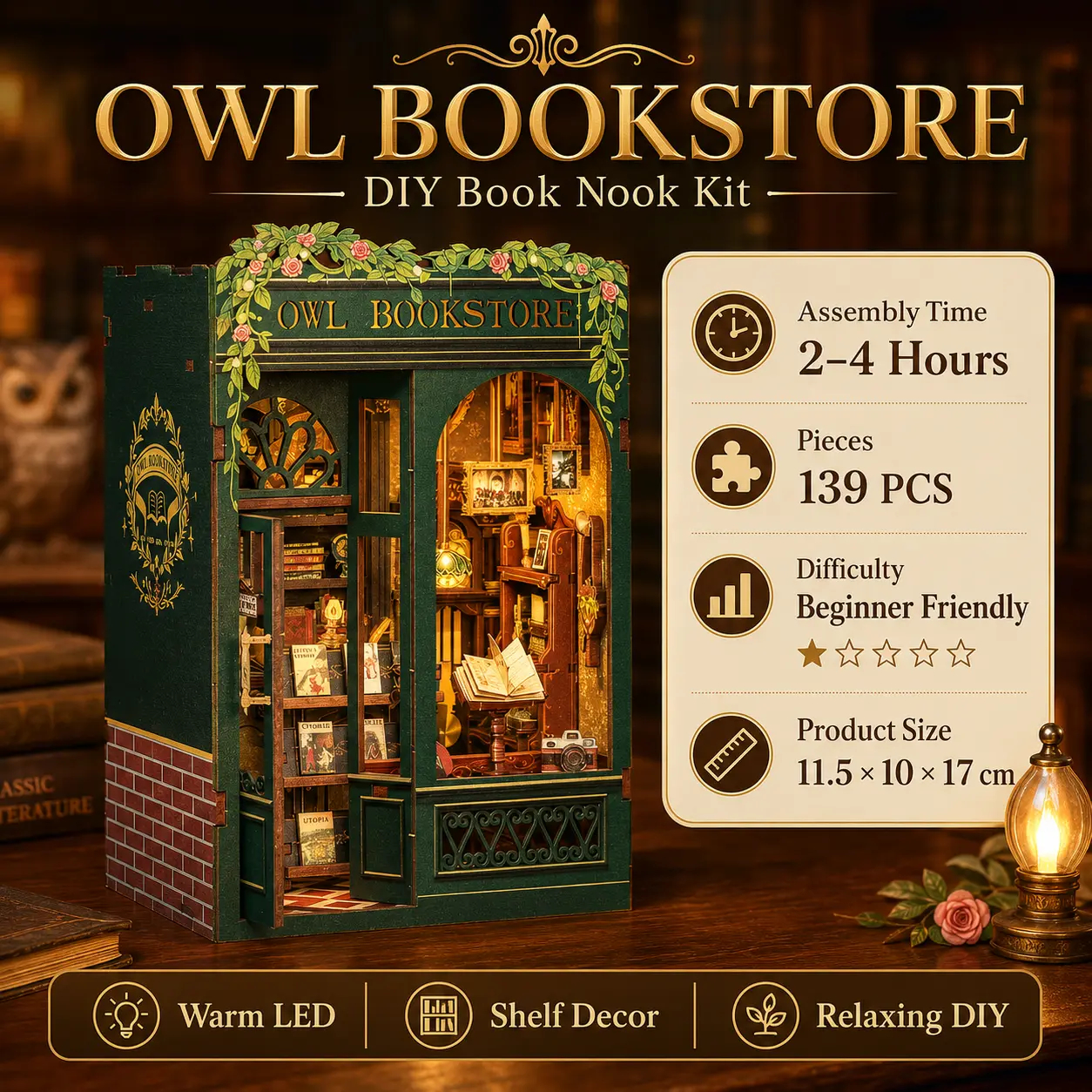 DIY Wooden Decorative Miniature Bookshelf with LED Lights - Whimsical, Aesthetic