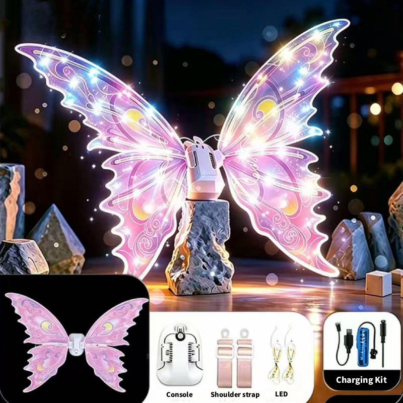 Electric Butterfly Wings Set, Moving Fairy Wings with Music and LED Lights, Light up Glowing Angel Wings Costume for Kids Girls for Halloween Cosplay Party, Birthday Gifts