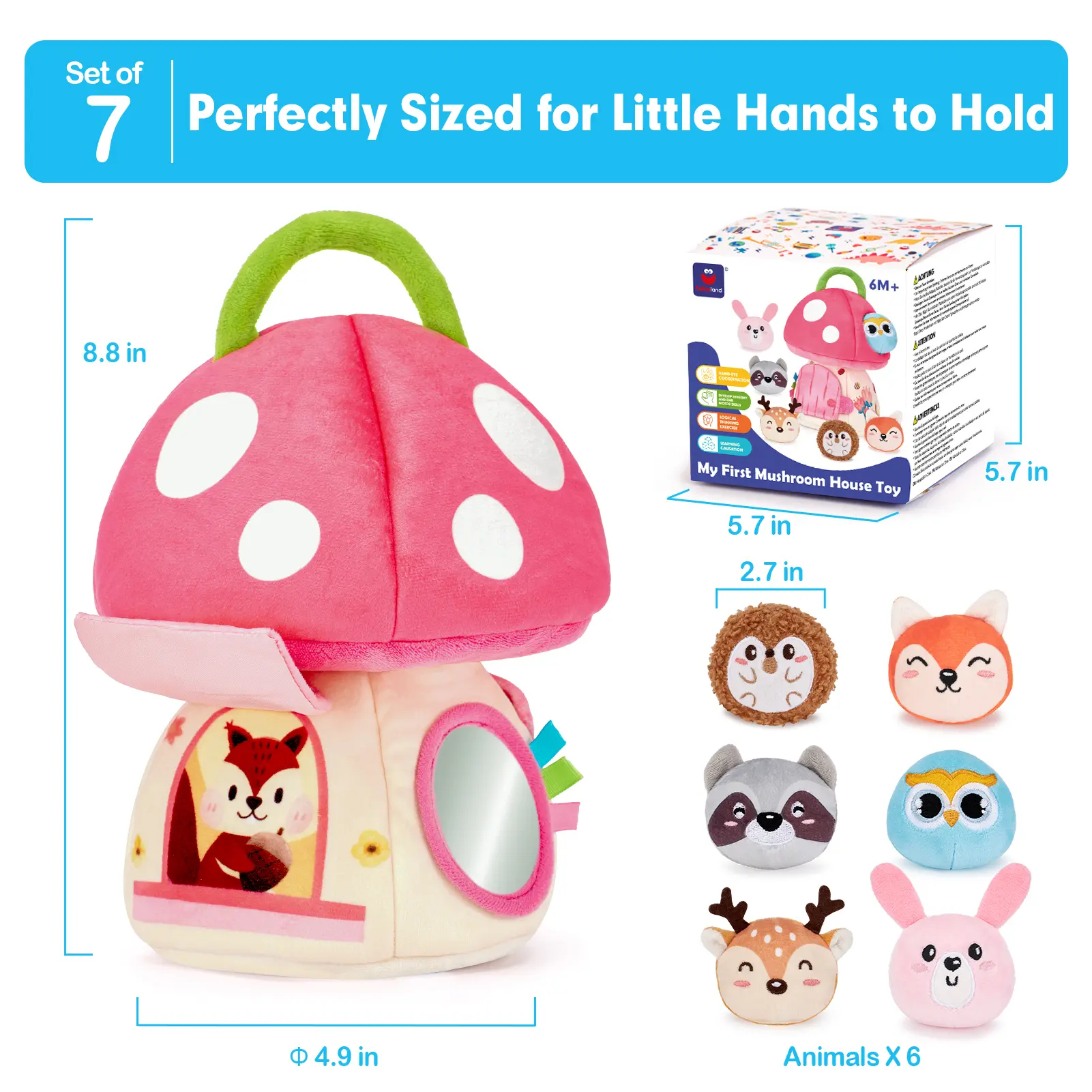 Surprise Barn with Stuffed Farm Animals/Bunny Mushroom:Rattle, Crinkle Paper, Mirror - Montessori Developmental toddler Toys,Farm Plush Toys for Babies Travel Toy,For 0-3 Months/6-12 Months gift Playpen Nursery