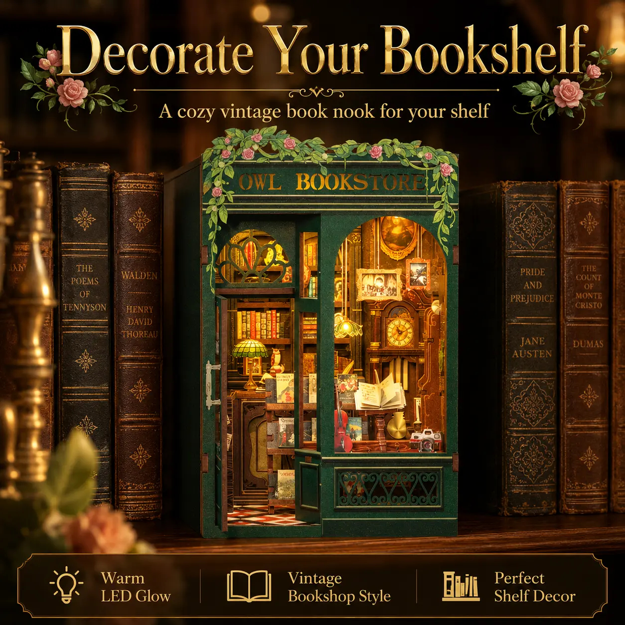 DIY Wooden Decorative Miniature Bookshelf with LED Lights - Whimsical, Aesthetic