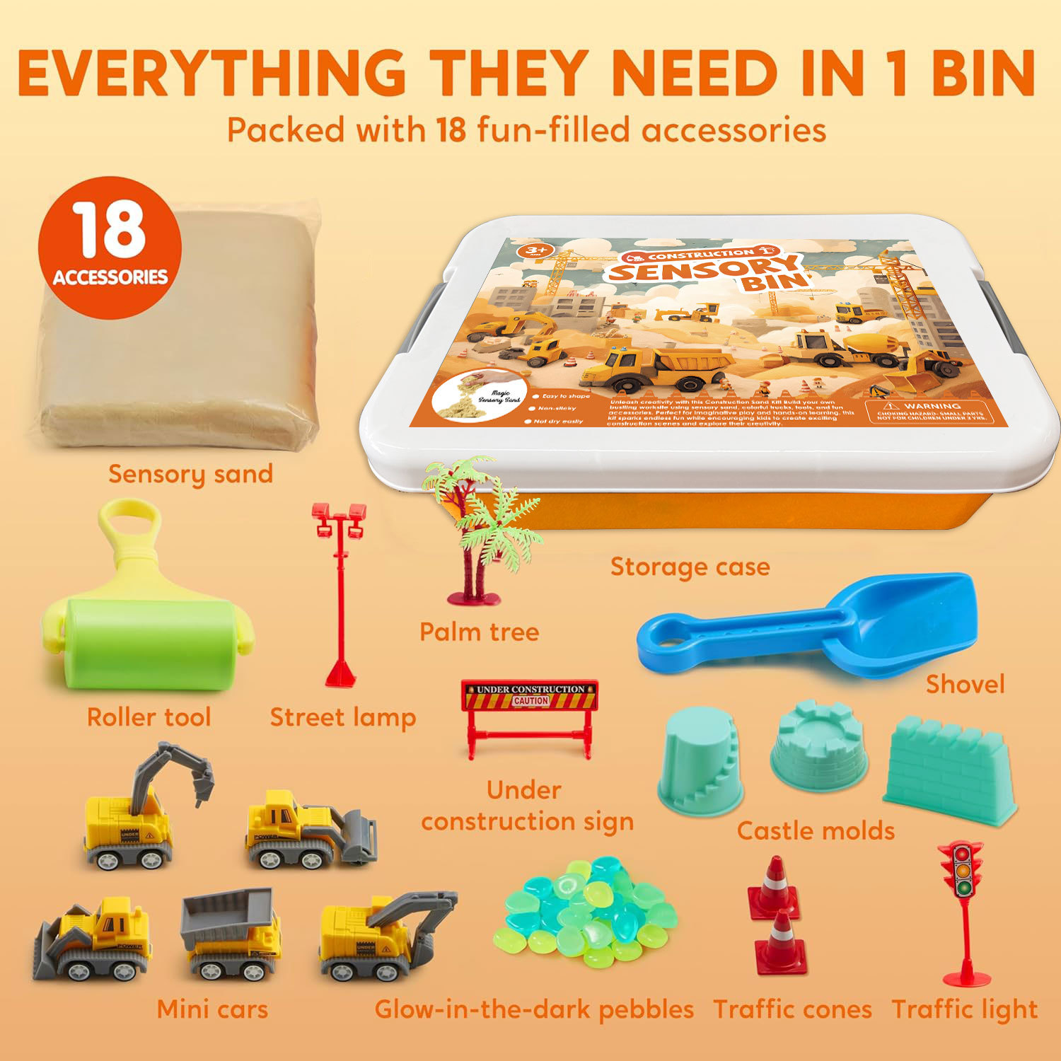 Construction Sensory Bin for Toddlers with Glow in The Dark Stones, Sandbox with Lid Castle Building kit.