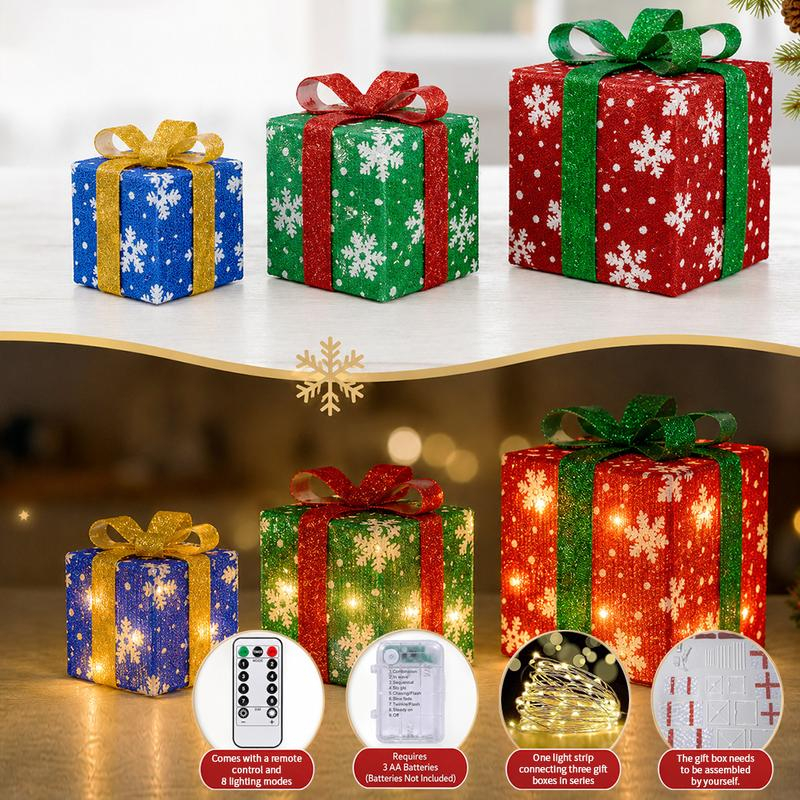 3pc Christmas Ornaments Gift Box LED Lanterns with Remote & Warm Light
