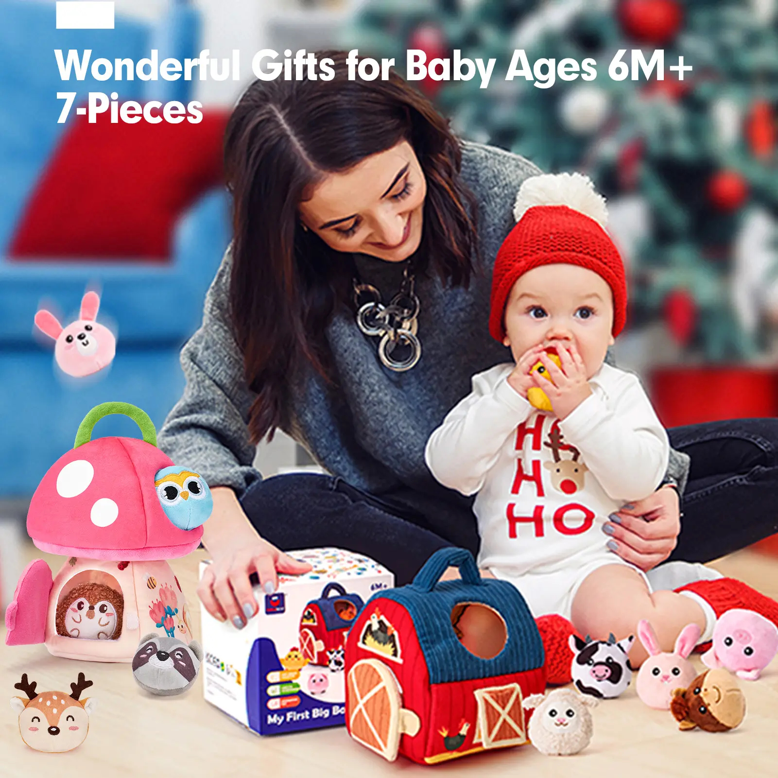 Surprise Barn with Stuffed Farm Animals/Bunny Mushroom:Rattle, Crinkle Paper, Mirror - Montessori Developmental toddler Toys,Farm Plush Toys for Babies Travel Toy,For 0-3 Months/6-12 Months gift Playpen Nursery