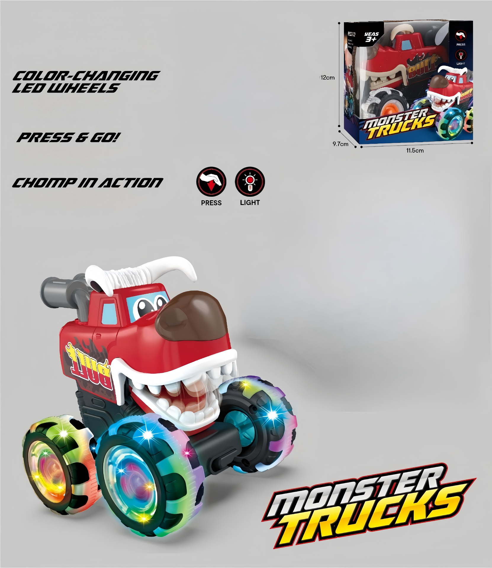 Monster Truck Toy Motion Activated Light-Up Cars Press & Go Cars for Boys Girls Baby Toy Present BUMP MONSTER TRUCK SET Ride On Car with LED Lights & Action