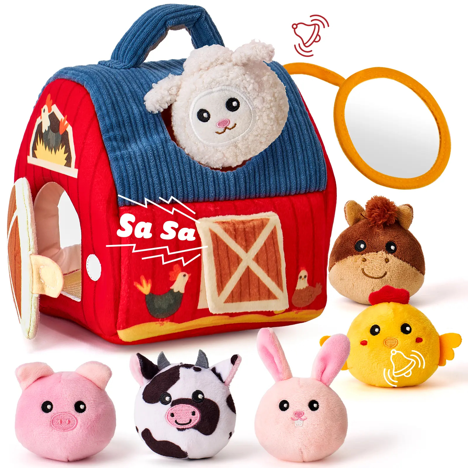 Surprise Barn with Stuffed Farm Animals/Bunny Mushroom:Rattle, Crinkle Paper, Mirror - Montessori Developmental toddler Toys,Farm Plush Toys for Babies Travel Toy,For 0-3 Months/6-12 Months gift Playpen Nursery