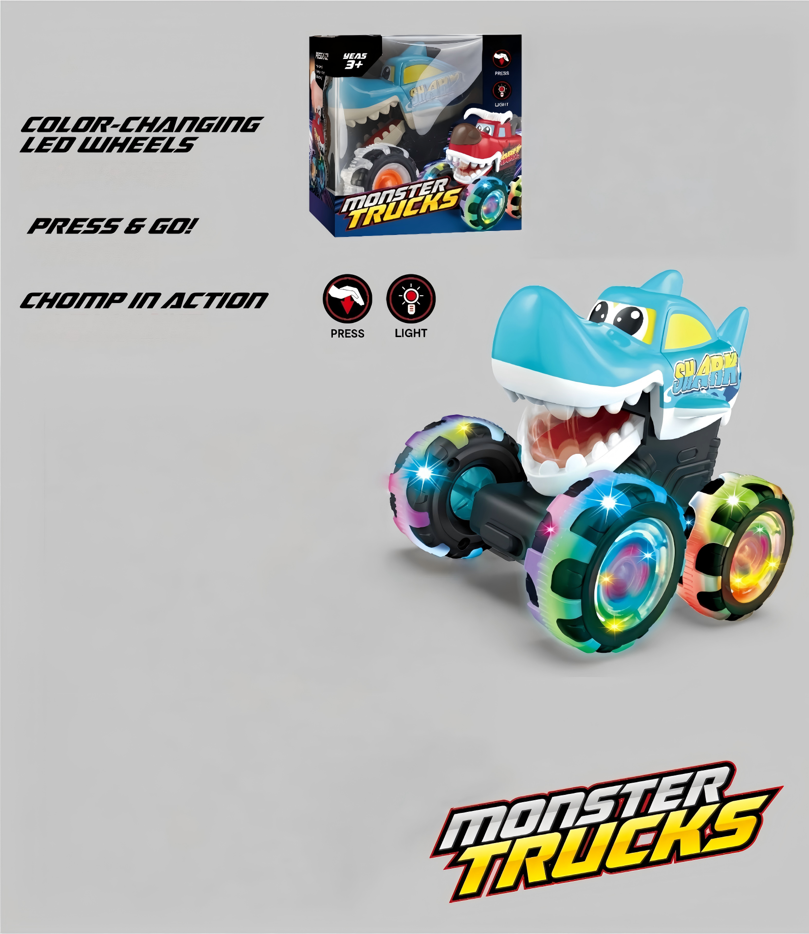 Monster Truck Toy Motion Activated Light-Up Cars Press & Go Cars for Boys Girls Baby Toy Present BUMP MONSTER TRUCK SET Ride On Car with LED Lights & Action