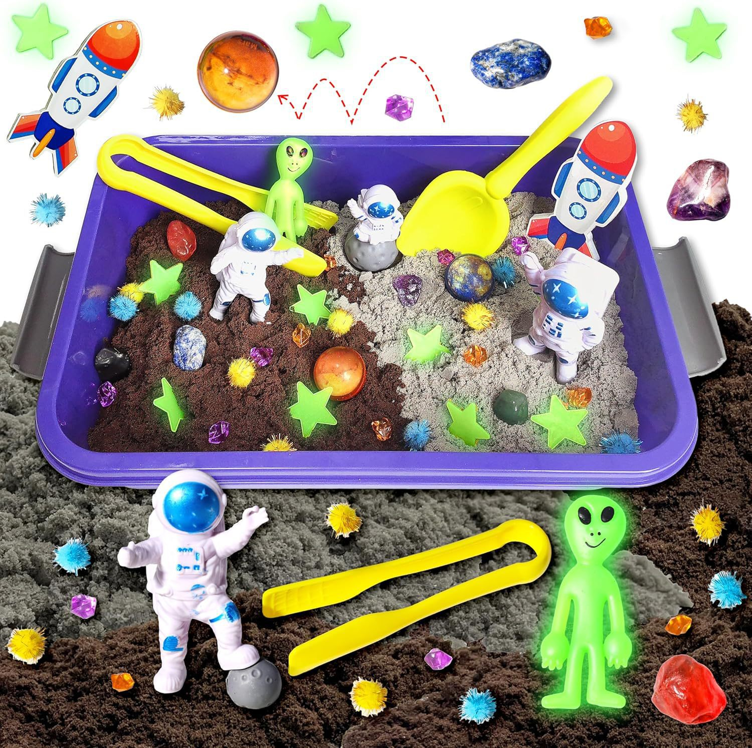 Construction Sensory Bin for Toddlers with Glow in The Dark Stones, Sandbox with Lid Castle Building kit.