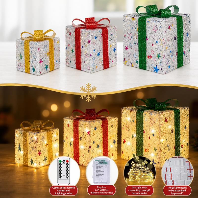 3pc Christmas Ornaments Gift Box LED Lanterns with Remote & Warm Light