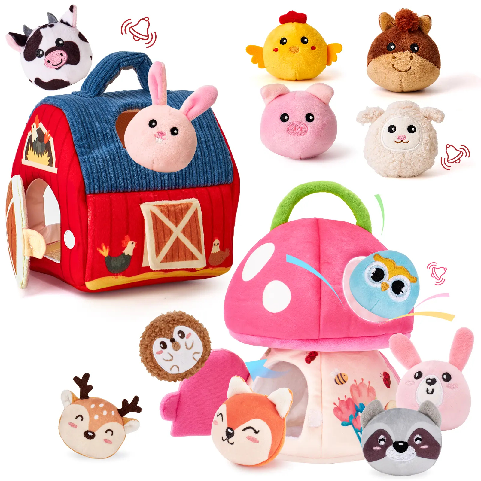 Surprise Barn with Stuffed Farm Animals/Bunny Mushroom:Rattle, Crinkle Paper, Mirror - Montessori Developmental toddler Toys,Farm Plush Toys for Babies Travel Toy,For 0-3 Months/6-12 Months gift Playpen Nursery
