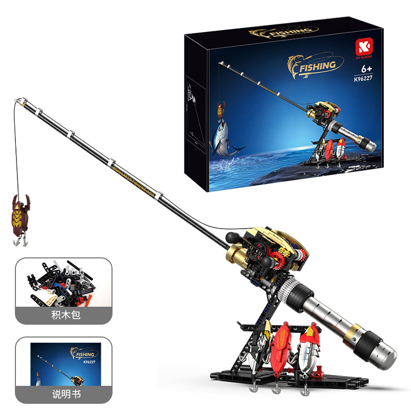 Baitcasting Fishing Rod Plastic Blocks Mechanical Kit, Kids Toys with 4 Bait Pieces, Realistic Gear Mechanism, Metal-Look Grip, STEM Assembly Toy Gift for Ages 8+ Collectors
