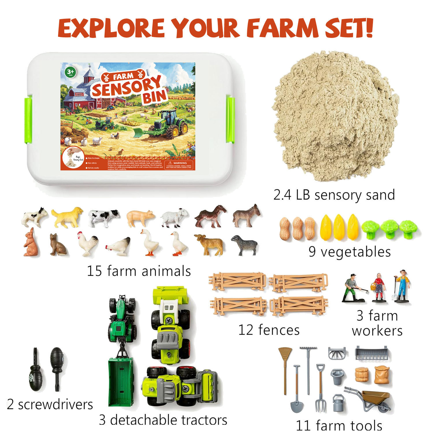 Construction Sensory Bin for Toddlers with Glow in The Dark Stones, Sandbox with Lid Castle Building kit.