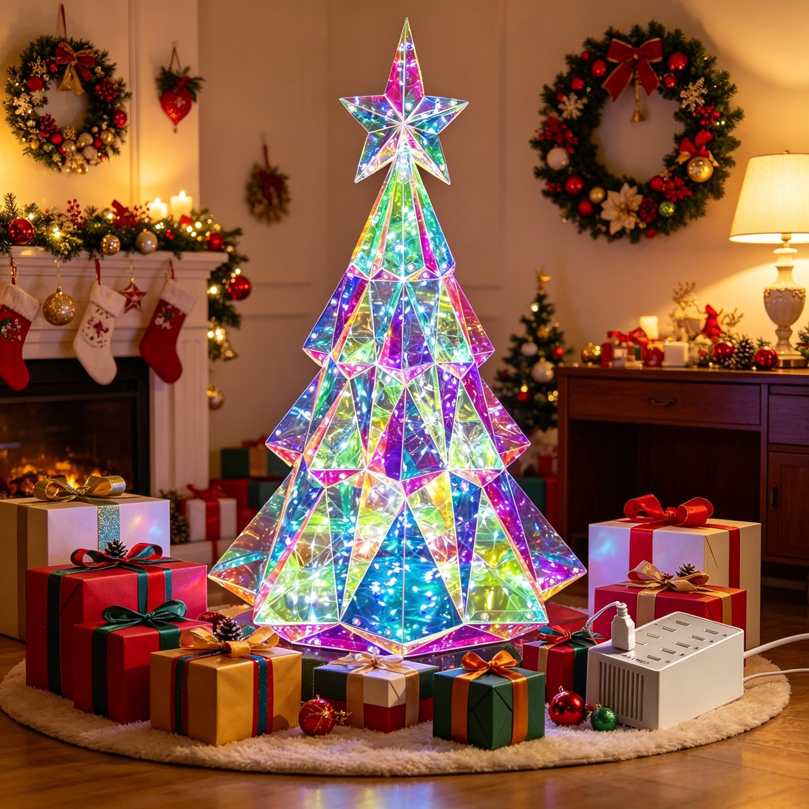 Holographic Christmas Tree, Desktop Decoration Tree with LED Lights, Prismatic Iridescent Christmas Tree Gift for Kids Girls Families Office Indoor Decorations