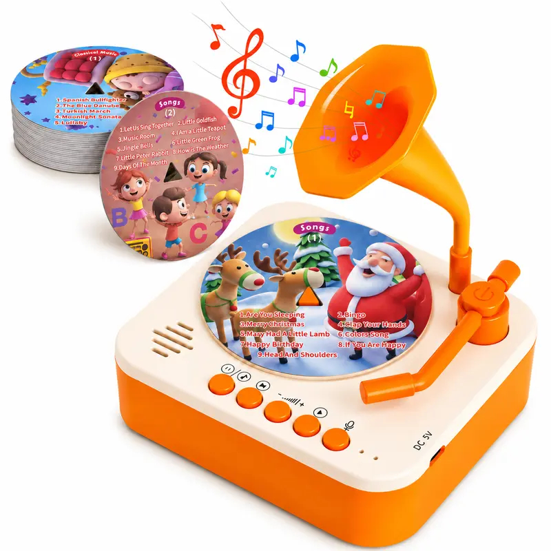 Mini Phonograph for Kids,with 24 Durable PVC Cards, 56 Stories, 14 Classical Music Pieces and 36 Nursery Rhymes,Toddler Record Player,Early Education Machine, Music Box ,Storyteller pop Speakers,Gift for Boys and Girls familyfun