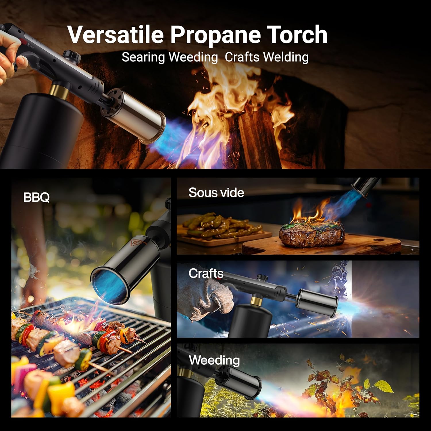 Propane Torch with One-Touch Max Fire, Cooking Blow Torch Gun with a Safety Lock, Charcoal Lighter, Flame Thrower, Kitchen Food Torch Head for Grill, Sous Vide, BBQ (Tank Not Included)