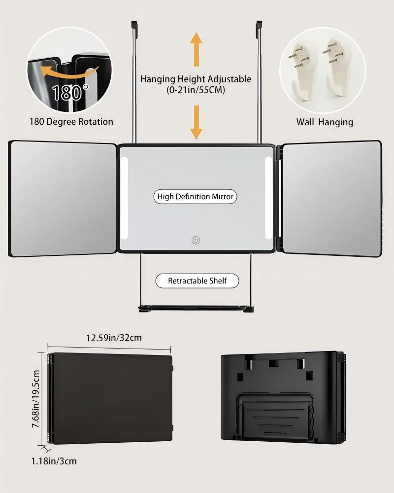 Umitec Adjustable LED Light 3 Way Mirror - Portable Trifold
