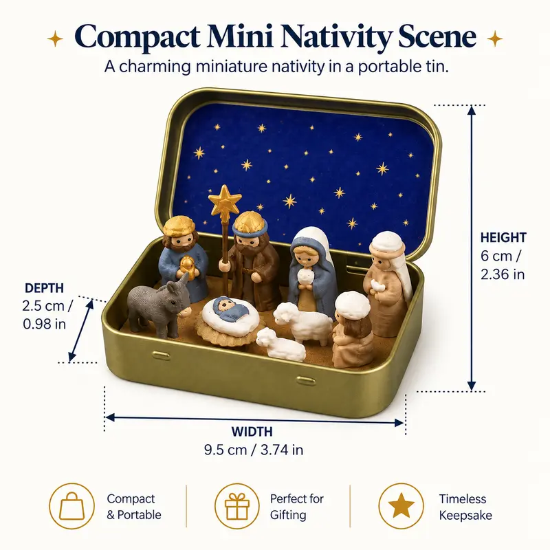 Religious Pocket-Size Mini Nativity Scene Set with Storage Box, Hand-Painted Plastic Figurines (Mary, Shepherd, Animals), Portable Christmas Table Decor, Ideal Holiday Gift