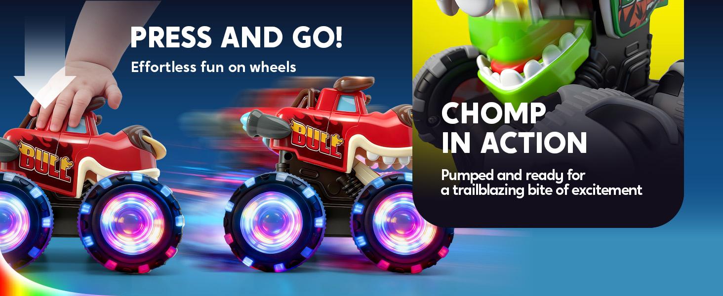 JOYIN Toys for Kids 3 Pack Monster Truck Toy Motion Activated Light-Up Cars Press & Go Cars for Boys Girls Baby Toy Present BUMP MONSTER TRUCK SET Ride On Car with LED Lights & Action 51001