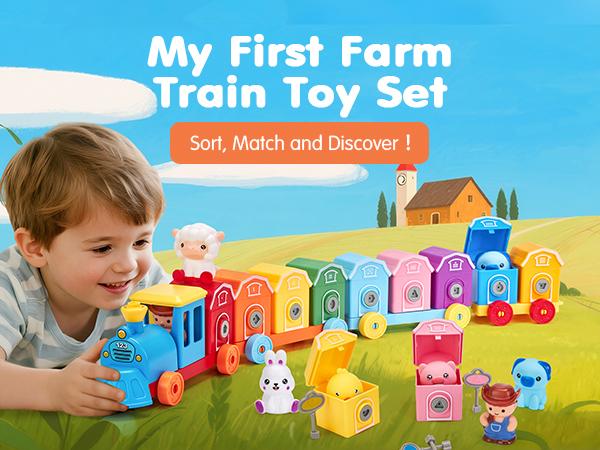 Hahaland Toddler Counting Matching & Sorting Activity Montessori Farm Train Set with Farm Animals Finger Puppets Keys to Lock and Unlock Barn Birthday Gift for Boys Girls 1-3Year Old Busy Board Magnetic Building Blocks