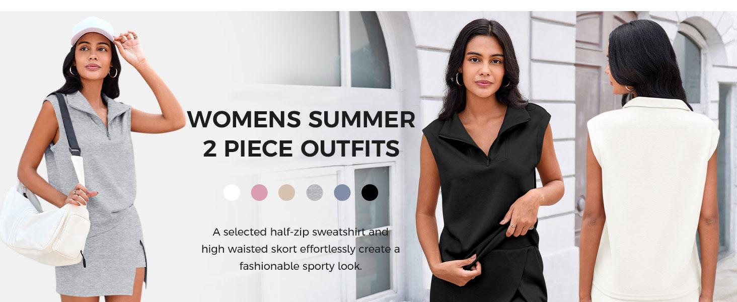 [HOT] Fisoew Womens 2 Piece Skirt Sets Summer Sleeveless Half Zip Sweatshirt Athletic Skorts Tennis Outfits Casual Sweatsuits