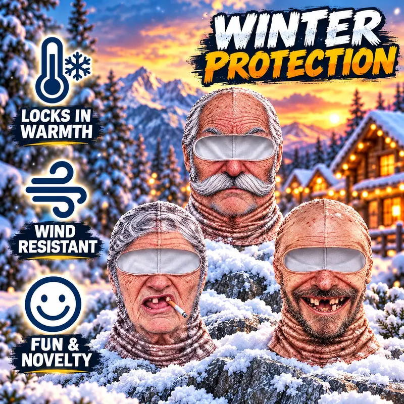 Funny Old Man Face Balaclava Mask, Dralon Thermal Fabric Winter Ski Mask, Warm Wind-Resistant Full Face Cover, Novelty Outdoor Headwear for Men & Women, Skiing, Cycling, Hiking & Winter Activities