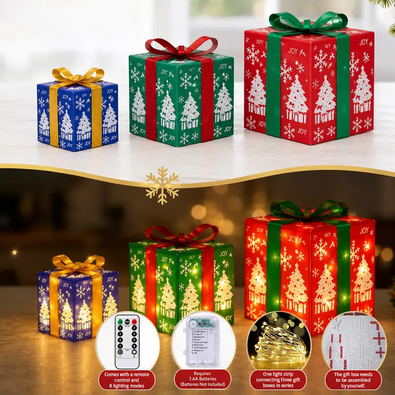 3pc Christmas Ornaments Gift Box LED Lanterns with Remote & Warm Light