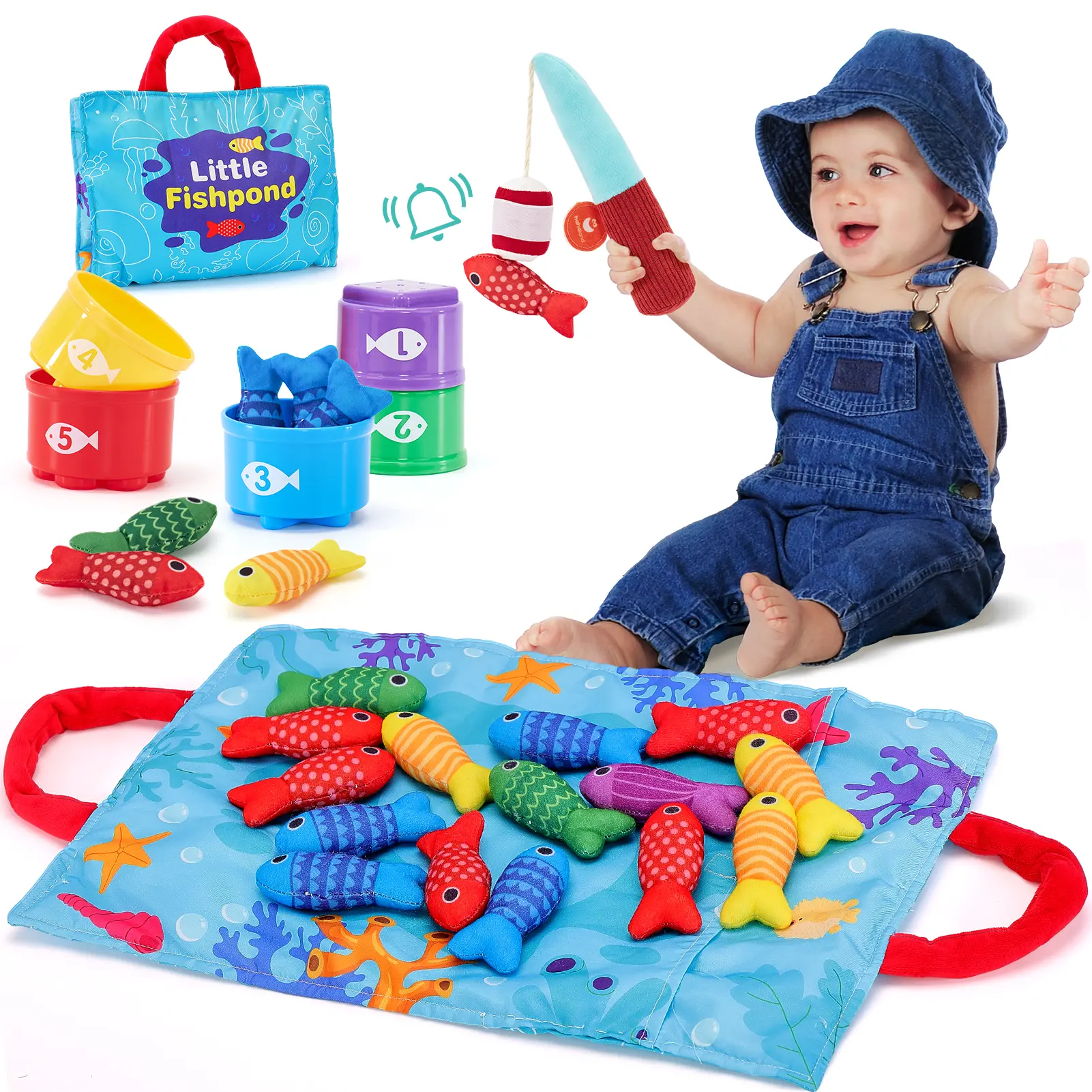 Oddler Fishing Set-10 in 1 Cloth Fishing Game Toddler Toys with Stacking Cups - Number Counting, Color Sorting Learning,Montessori-Inspired Fishing Game with 22 Pcs for 1 Year Old Boys Girls,Newborn/toddler Birthday Gift,Stackable Fish Buckets