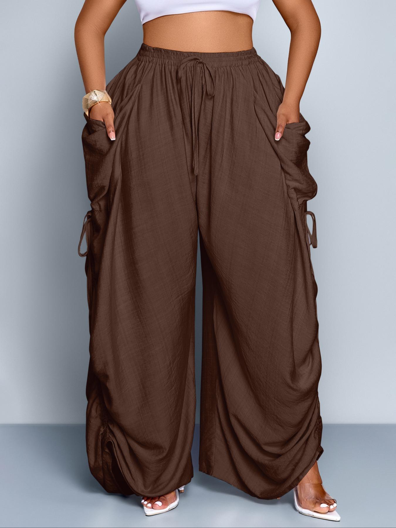 Women's Casual Loose-Fit Wide Leg Drawstring Pants, All-Season Woven Fabric, Long Plain Design, Daily Commute & Vacation Wear