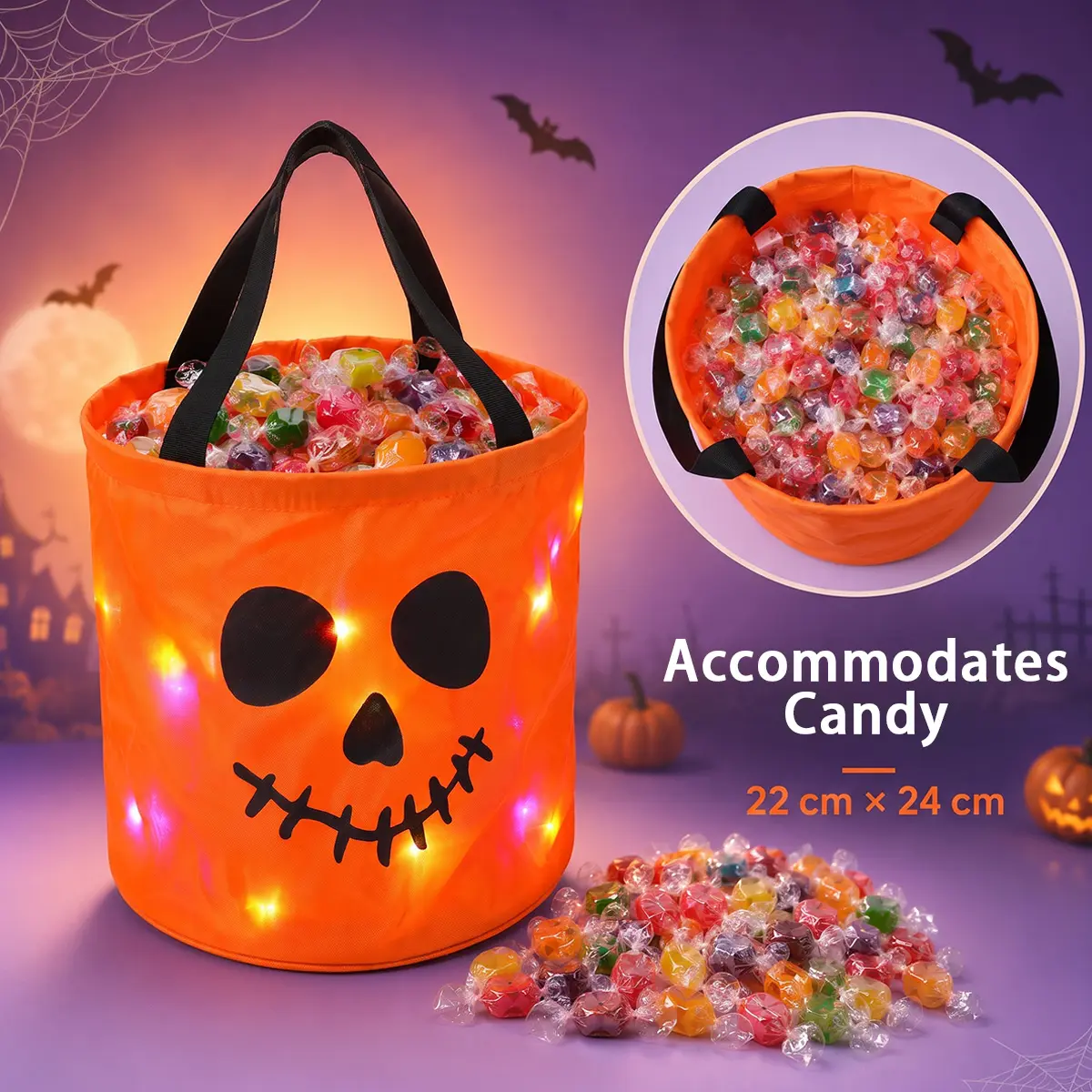 Halloween Candy Bucket with LED Lights, 13.39x8.66 Inch Trick or Treat Bags Non Woven Gift Bags Pumpkin Candy Bags Reusable Tote Bags for Kids Students Adults, Night Light Bags for Garden Lawn Decorations, Halloween Christmas Party Favor Supplies